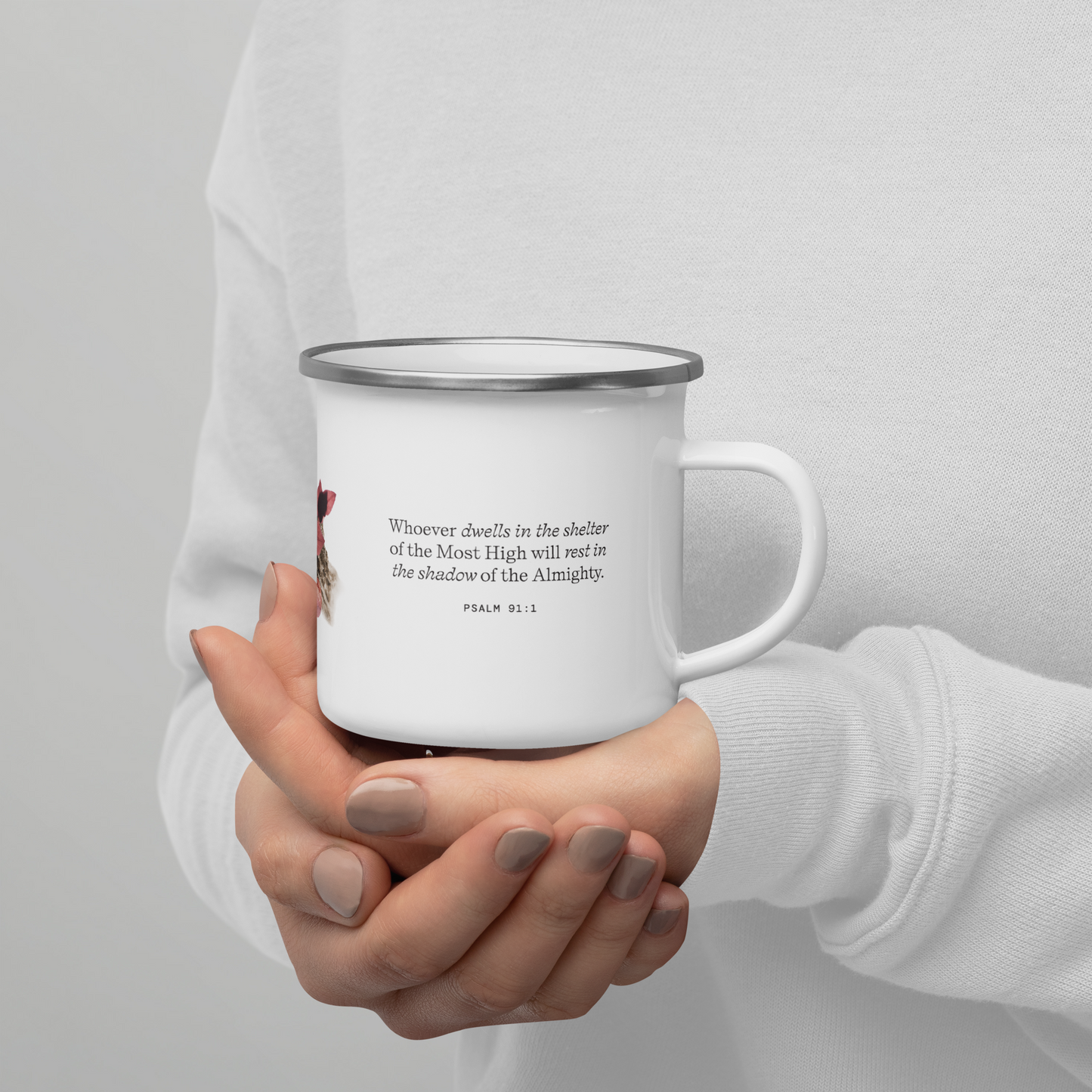 White Enamel Mug - Psalm 91:1